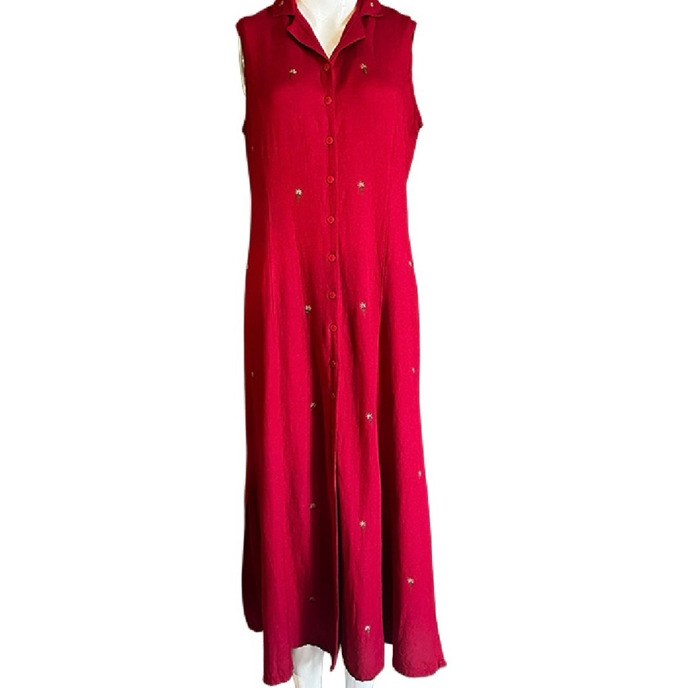 Vintage Cotton/ Linen Blend Red Maxi Dress